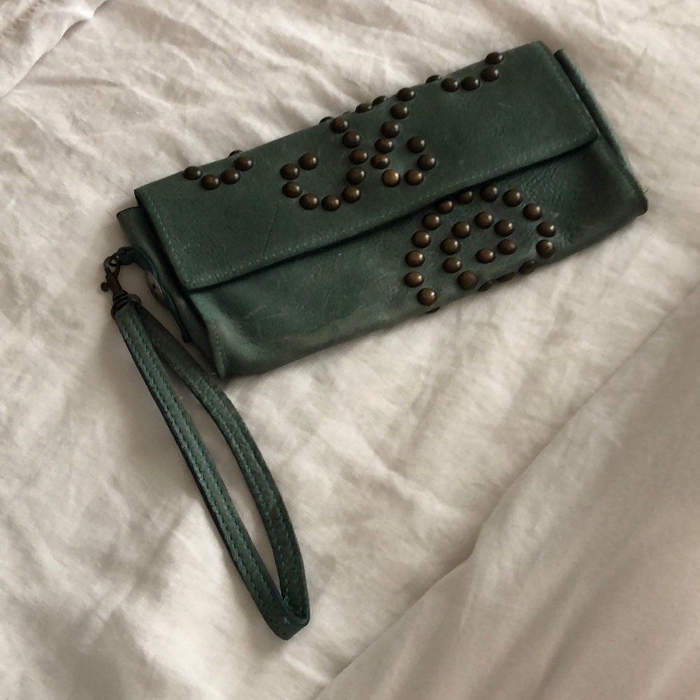 McFadin Stacy & Laurie Turquoise Leather Studded Wallet Clutch Wristlet